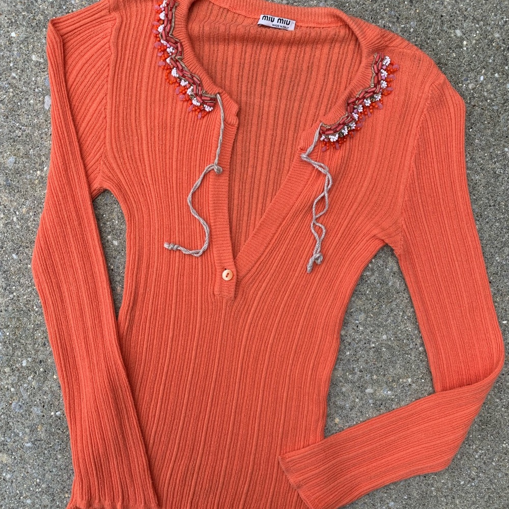 Miu Miu Orange Ribbed Top with Embellished Collar
